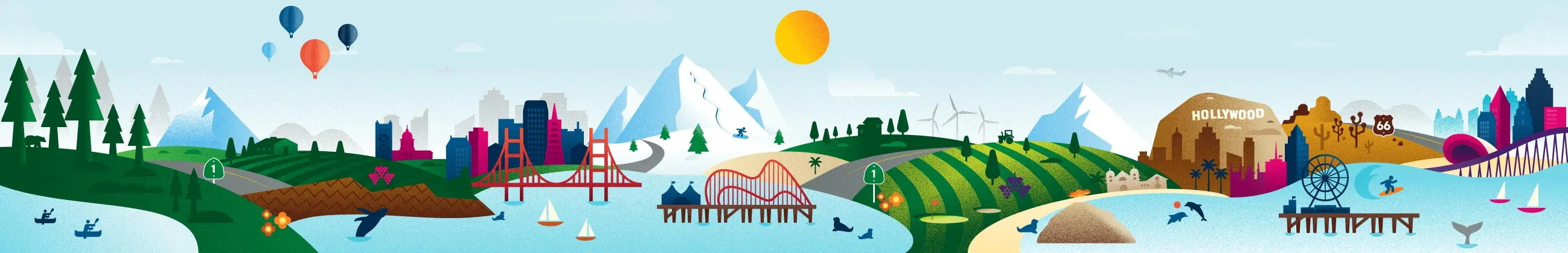 illustrated landscape with forest, farm, city, mountain, and beach